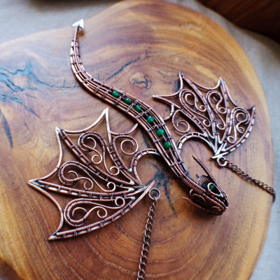 Green onyx wire-wrapped copper dragon