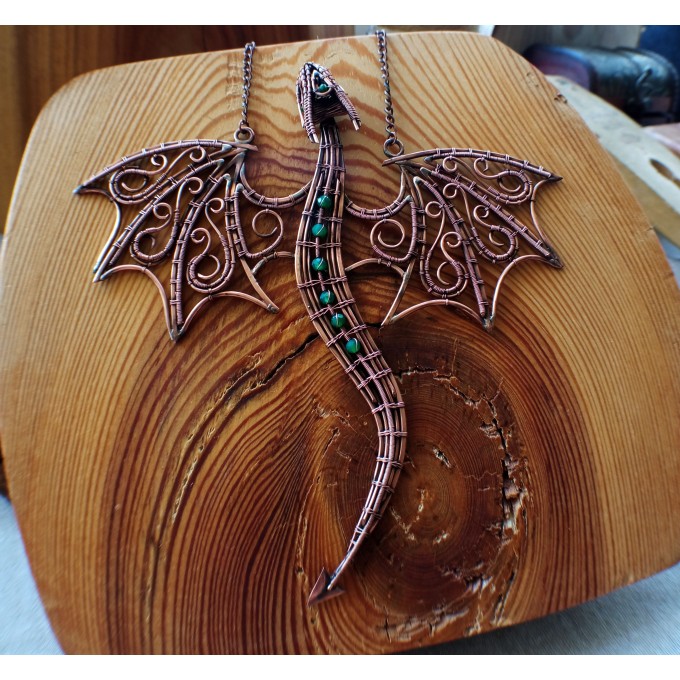 Green onyx wire-wrapped copper dragon
