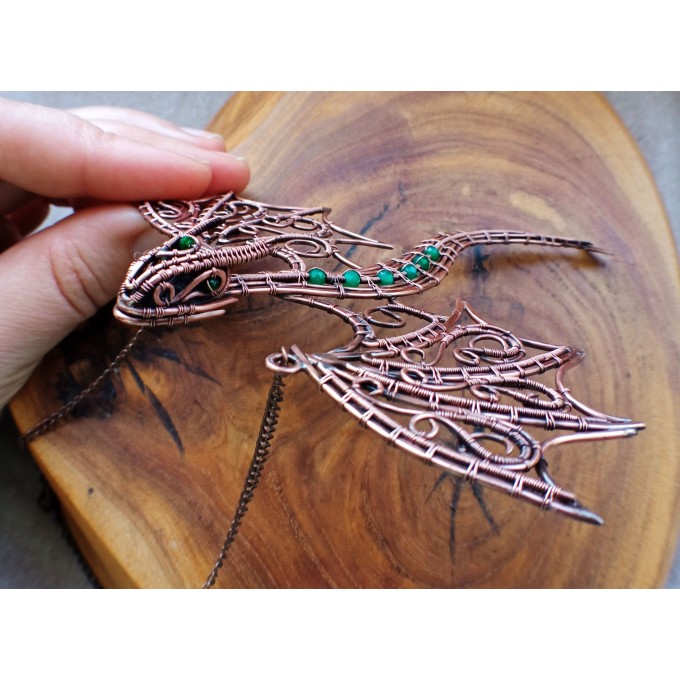 Green onyx wire-wrapped copper dragon