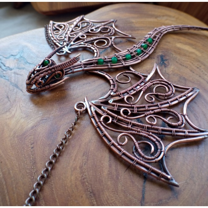 Green onyx wire-wrapped copper dragon