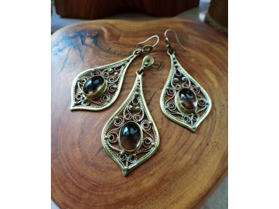Smokey quartz handmade filigree brass earrings and necklace