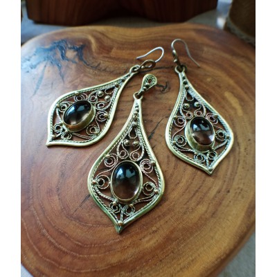 Smokey quartz handmade filigree brass earrings and necklace