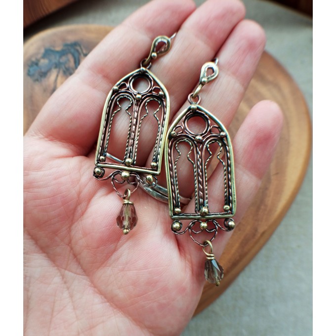 Gothic-style copper and brass filigree earrings