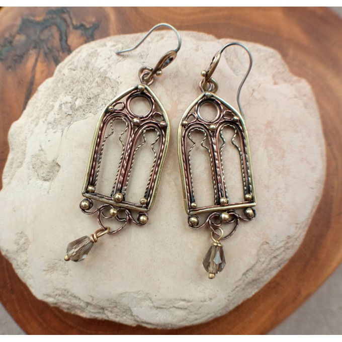 Gothic-style copper and brass filigree earrings