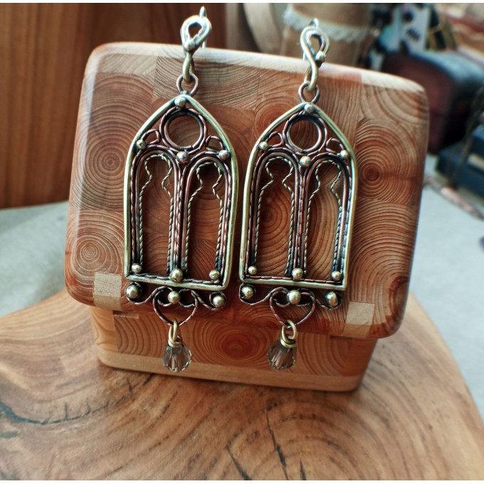 Gothic-style copper and brass filigree earrings