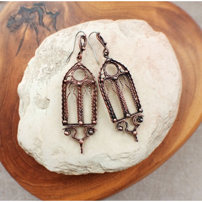 Gothic-style copper and brass filigree earrings