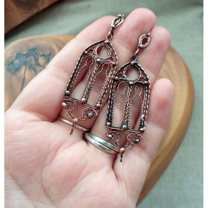 Gothic-style copper and brass filigree earrings