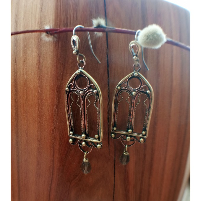 Gothic-style copper and brass filigree earrings