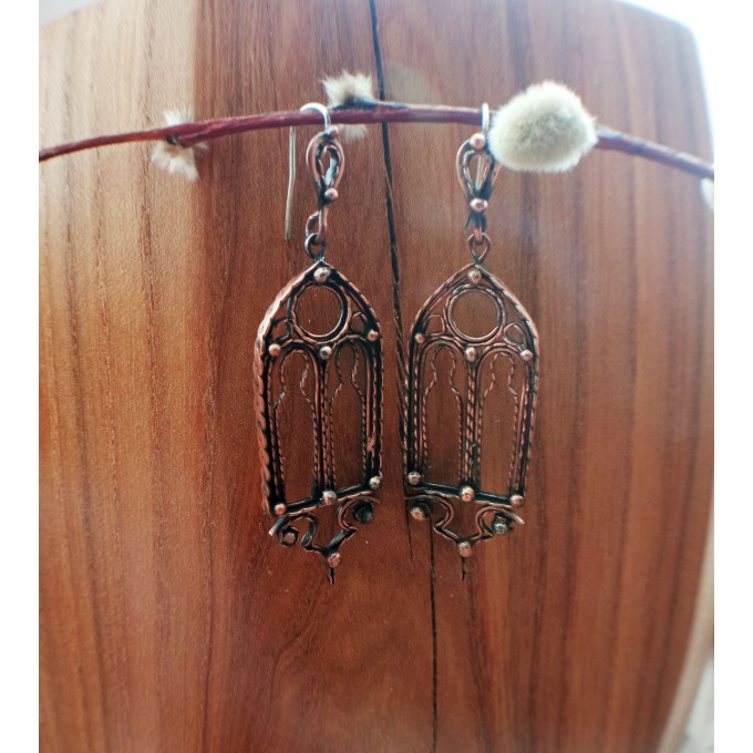 Gothic-style copper and brass filigree earrings