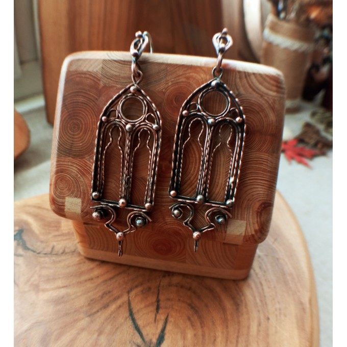 Gothic-style copper and brass filigree earrings
