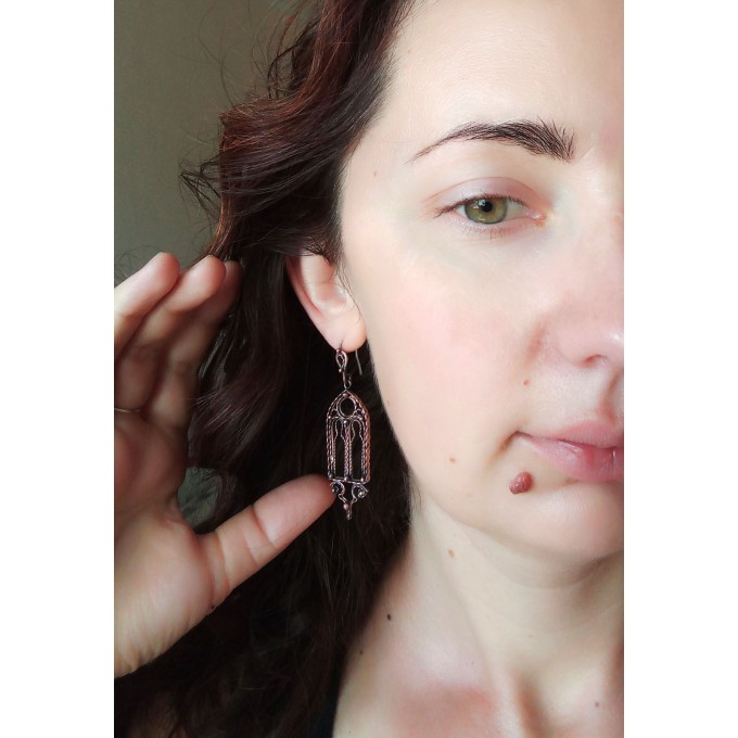 Gothic-style copper and brass filigree earrings