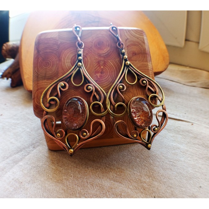 Copper earrings with phantom quartz