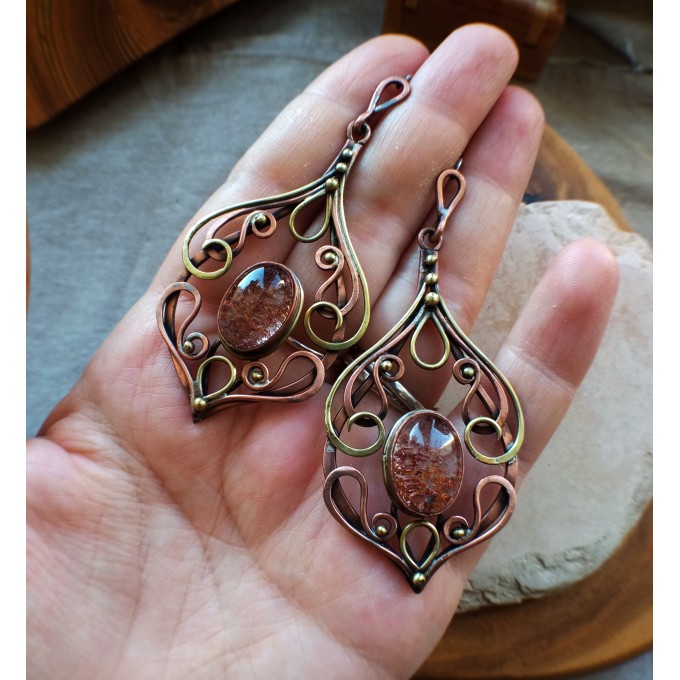 Copper earrings with phantom quartz