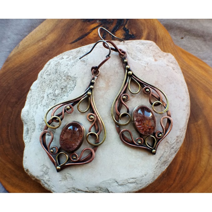 Copper earrings with phantom quartz