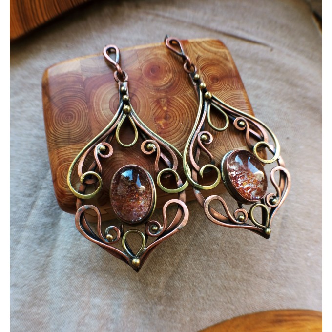 Copper earrings with phantom quartz