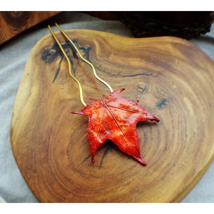 Red maple leaf copper hair-stick 