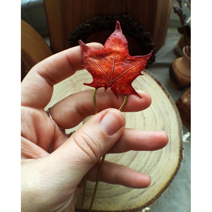 Red maple leaf copper hair-stick 