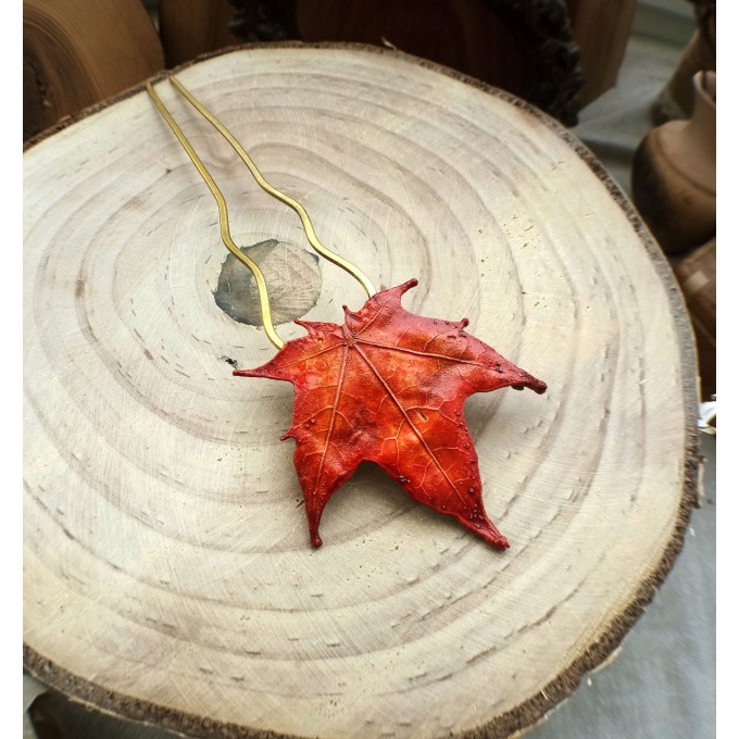 Red maple leaf copper hair-stick 