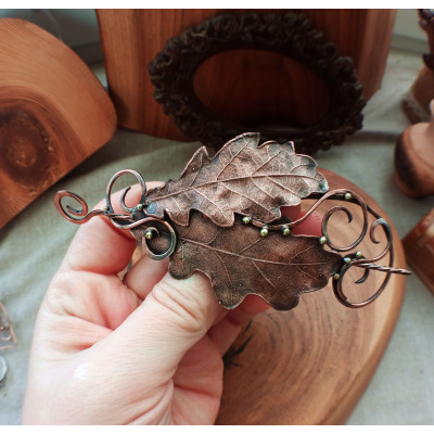 Copper electroformed oak leaves hairclip 
