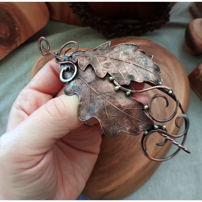 Copper oak leaves hair clip 