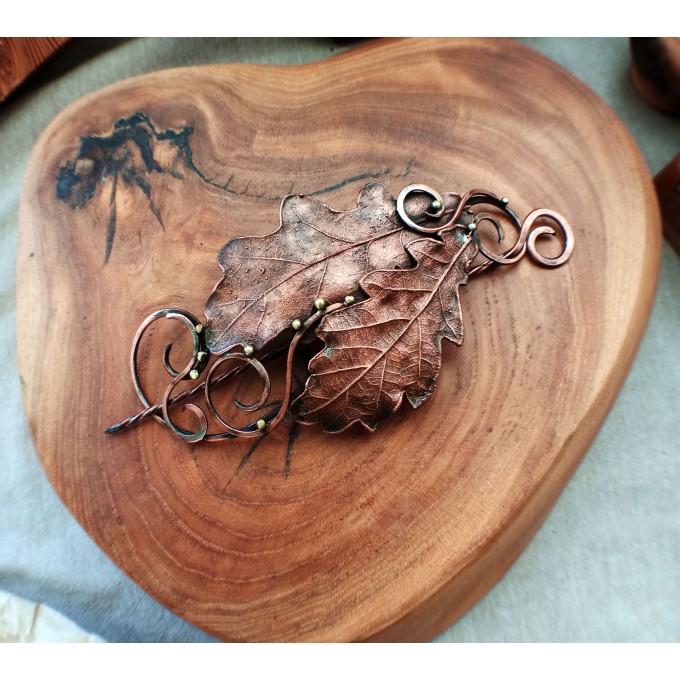 Copper oak leaves hair clip 