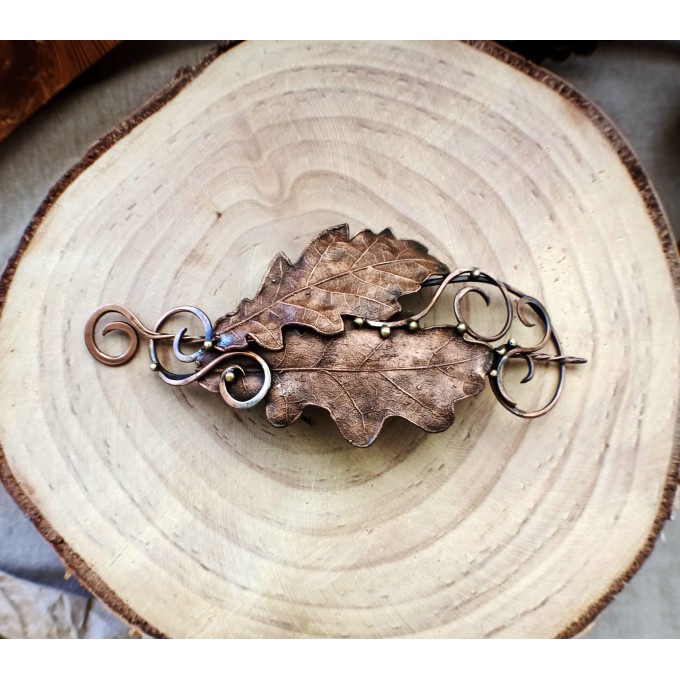 Copper oak leaves hair clip 