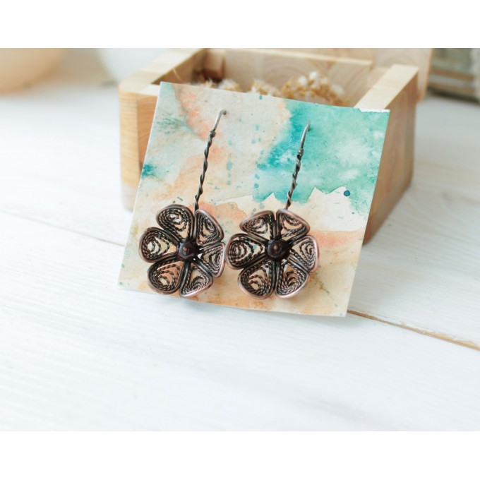 Copper flower filigree earrings