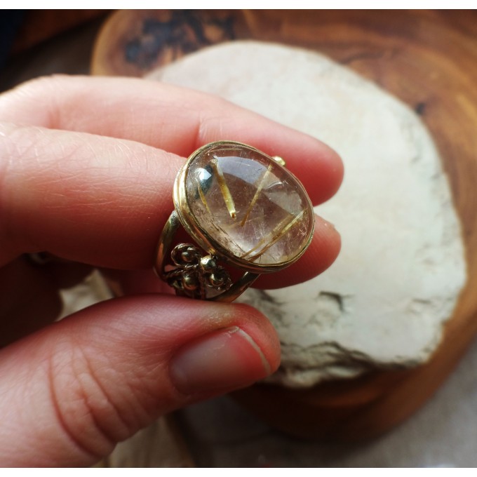 Brass filigree ring with rutile quartz