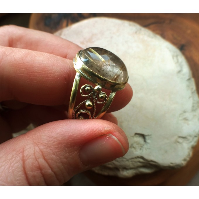 Brass filigree ring with rutile quartz