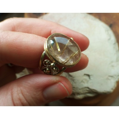 Brass filigree ring with rutile quartz