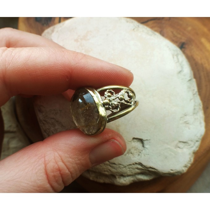 Brass filigree ring with rutile quartz