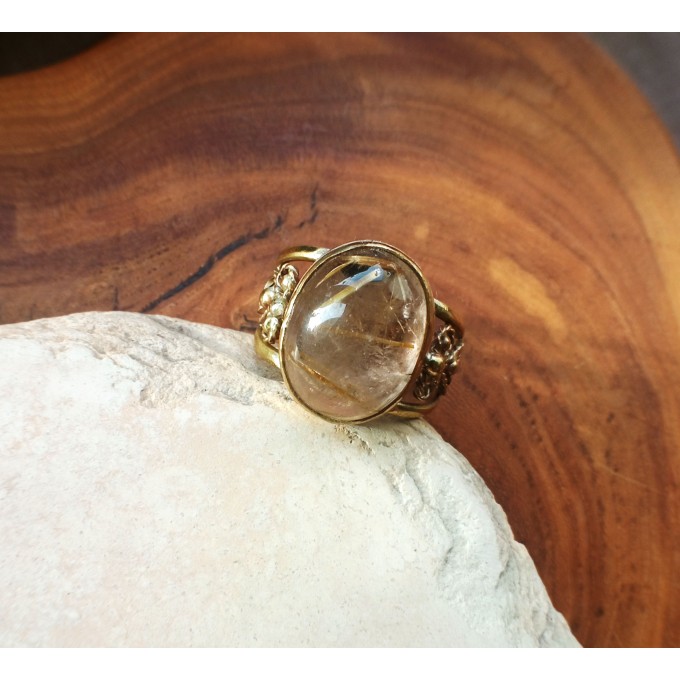 Brass filigree ring with rutile quartz