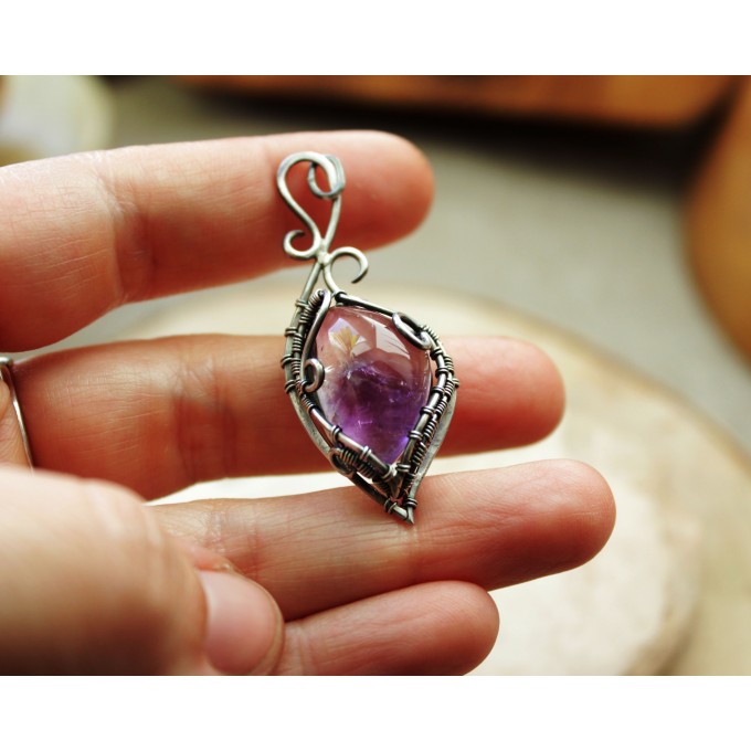 Silver wire wrap necklace with amethyst