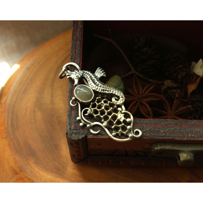 Silver sea horse necklace with grey moonstone