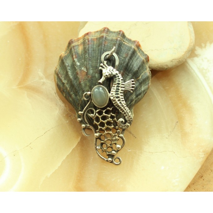 Silver sea horse necklace with grey moonstone
