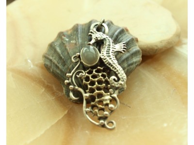 Silver sea horse necklace with grey moonstone
