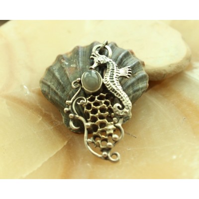Silver sea horse necklace with grey moonstone