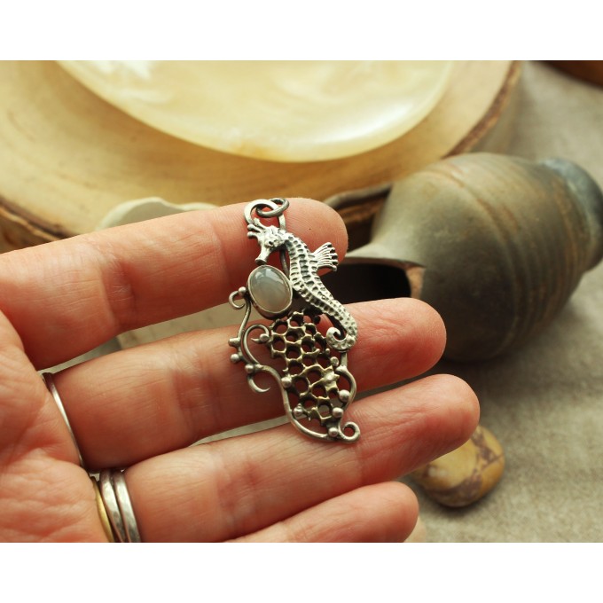 Silver sea horse necklace with grey moonstone