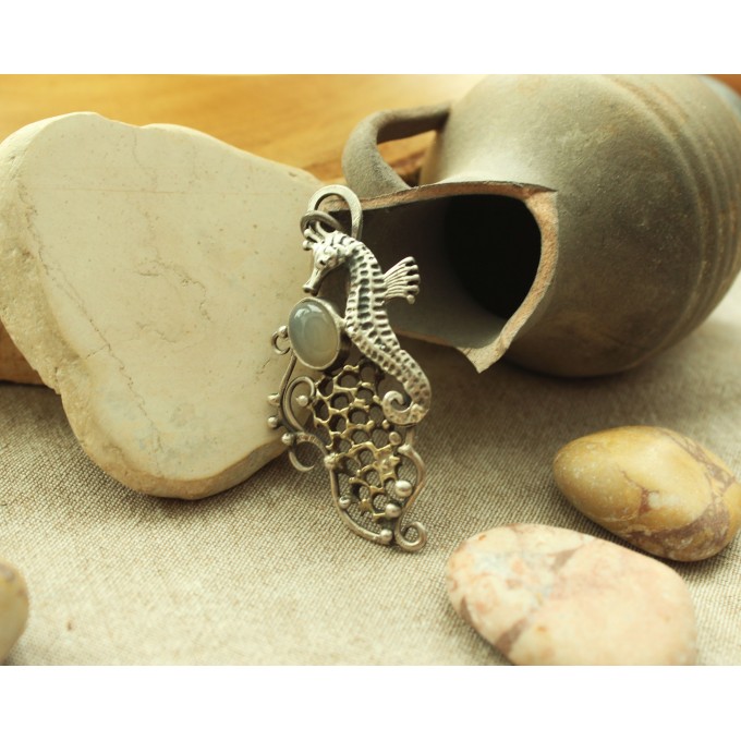 Silver sea horse necklace with grey moonstone