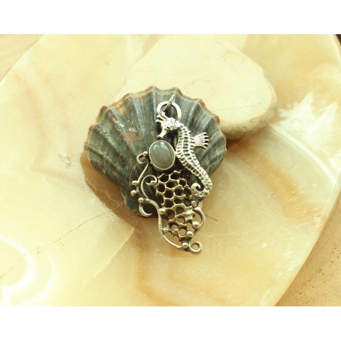 Silver sea horse necklace with grey moonstone
