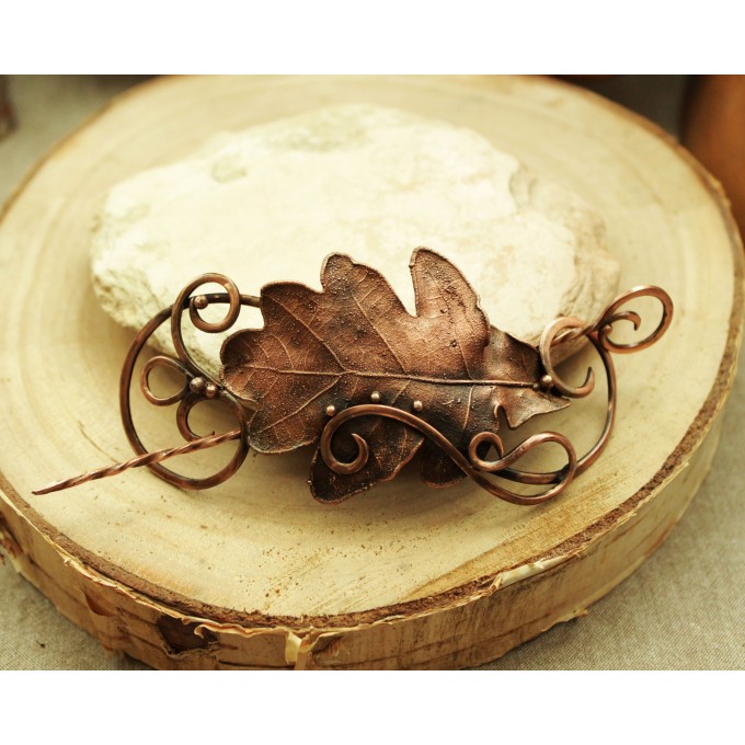 Copper oak leaves hair clip 