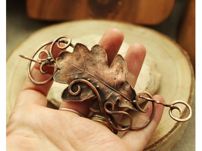 Copper electroformed oak leaves hairclip 