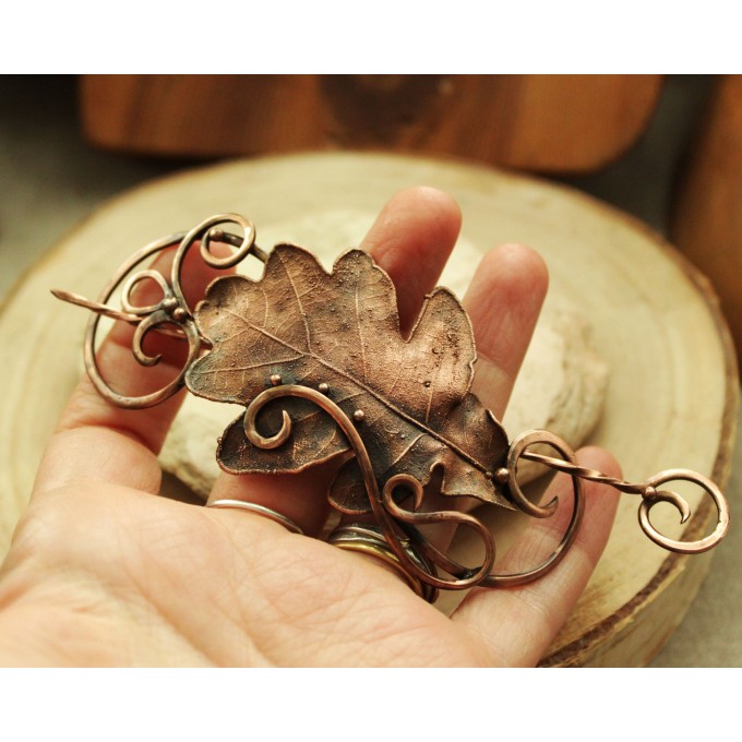 Copper oak leaves hair clip 