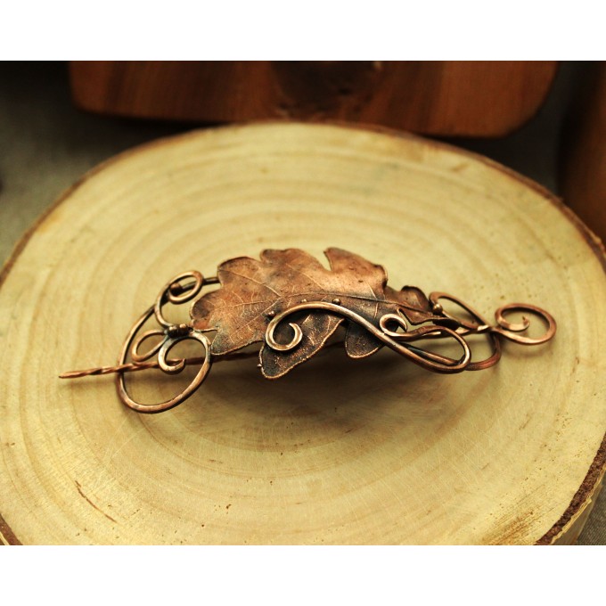 Copper oak leaves hair clip 