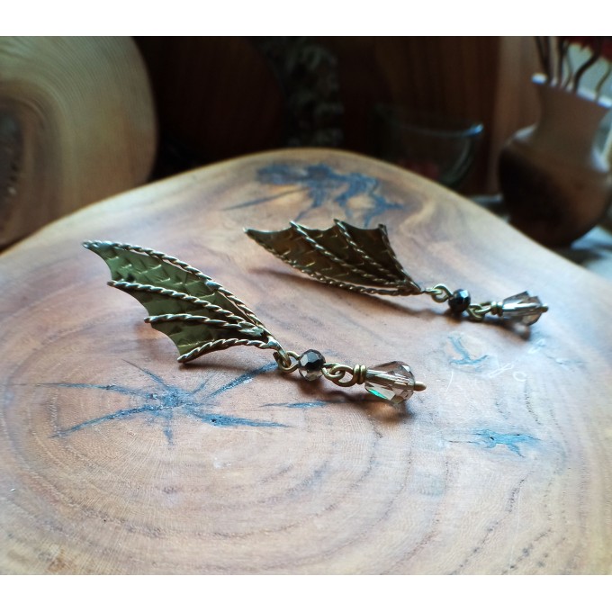 Dragon wing brass earrings with czech glass