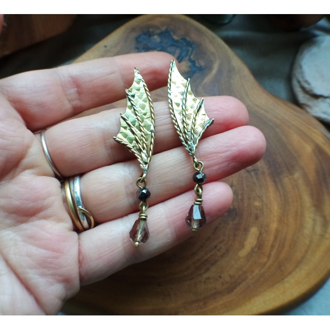 Dragon wing brass earrings with czech glass