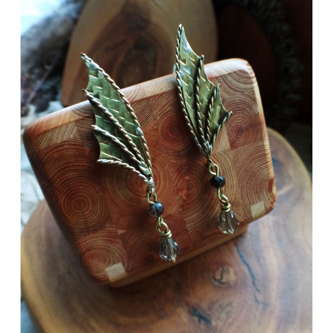 Dragon wing brass earrings with czech glass