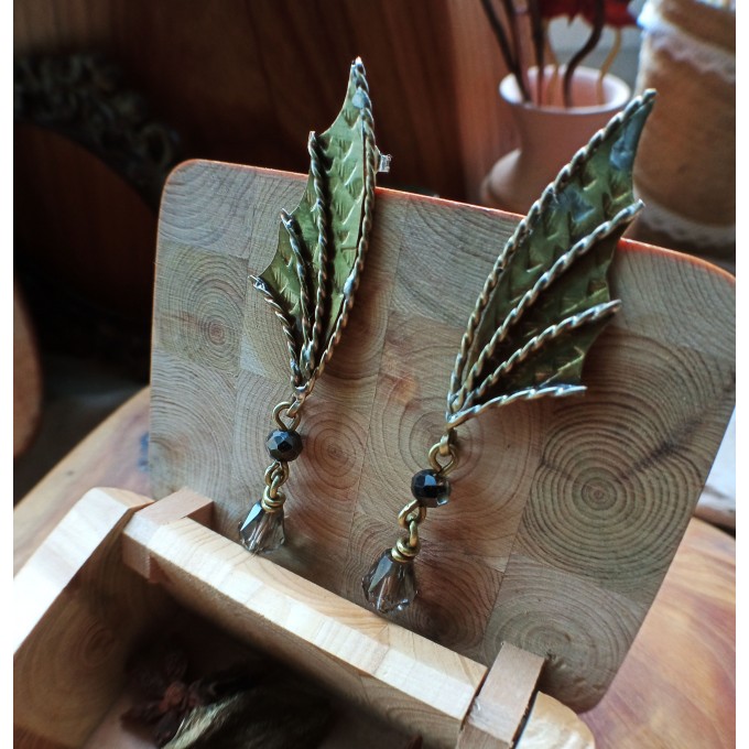 Dragon wing brass earrings with czech glass