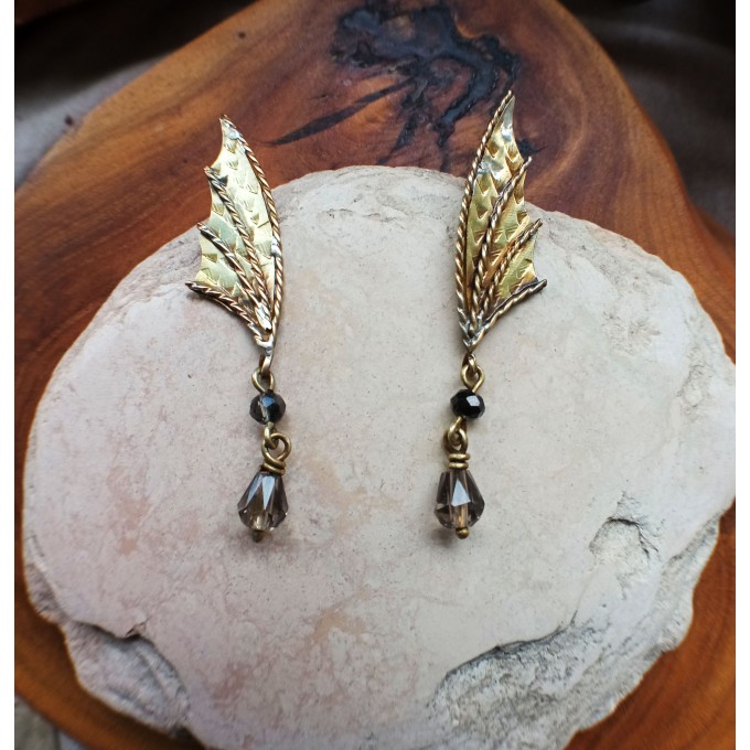 Dragon wing brass earrings with czech glass