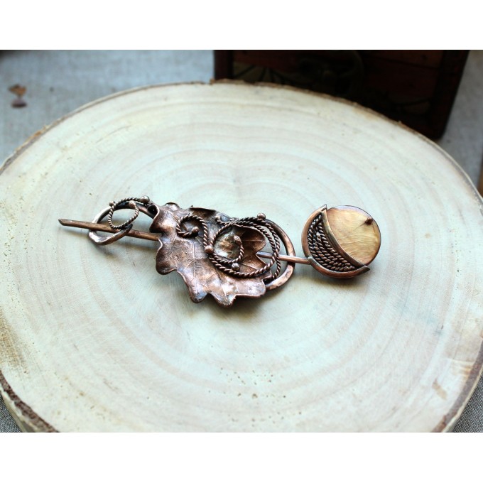 Copper oak brooch